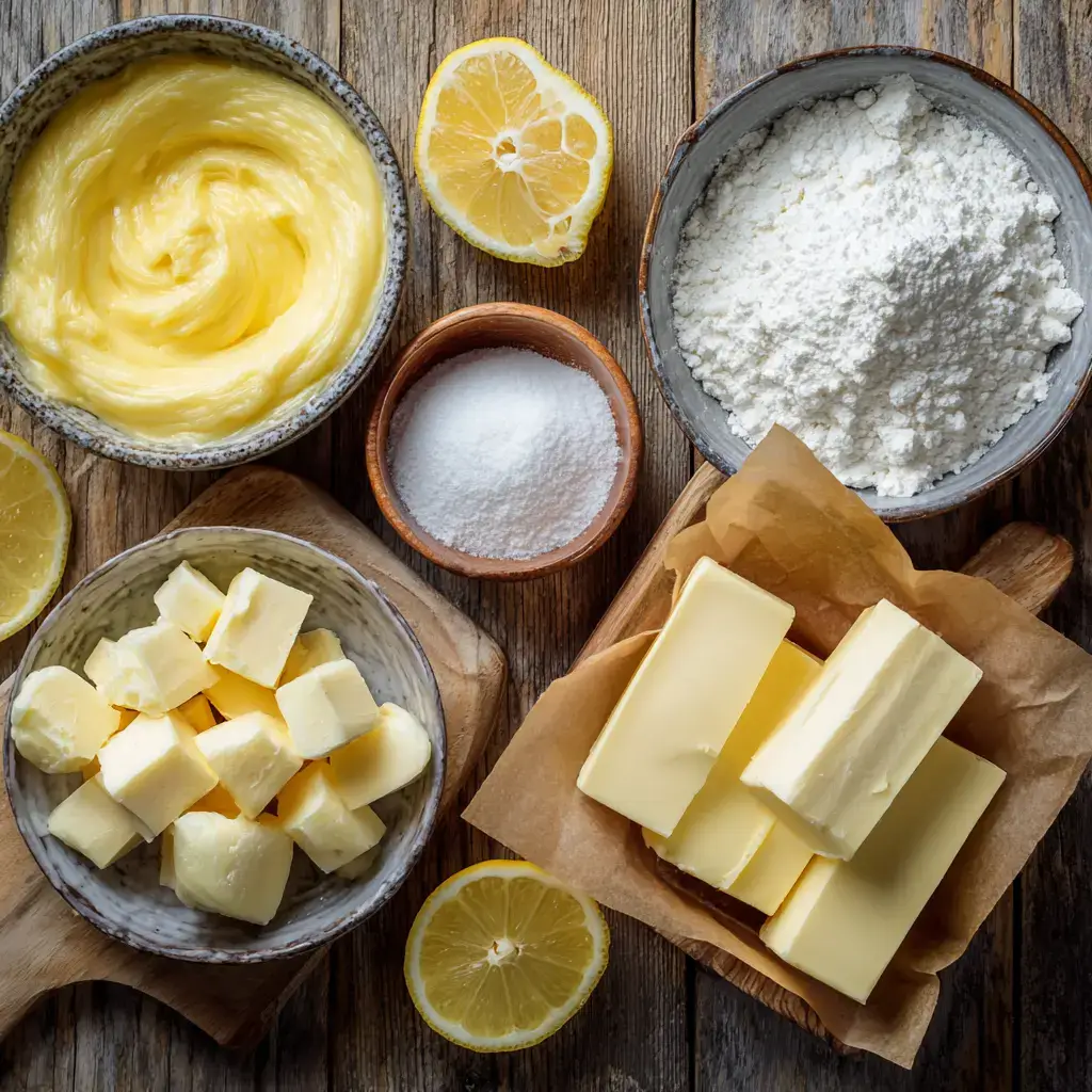 Ingredients for 4 ingredients lemon cream cheese dump cake arranged in ceramic bowls