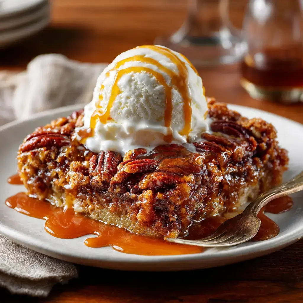 Pecan pie dump cake recipe in skillet with golden crust and gooey center