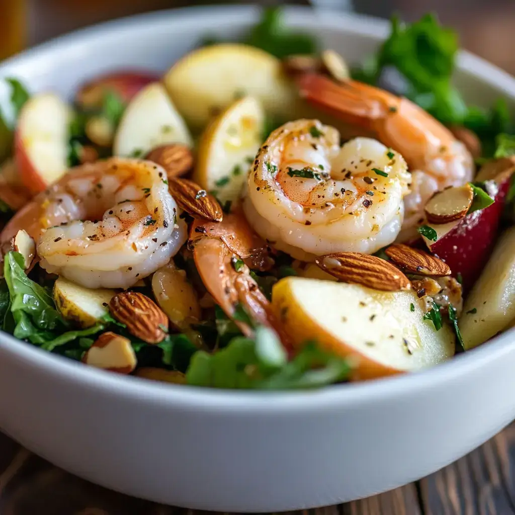 Final apple almond shrimp salad plated with apples and almonds