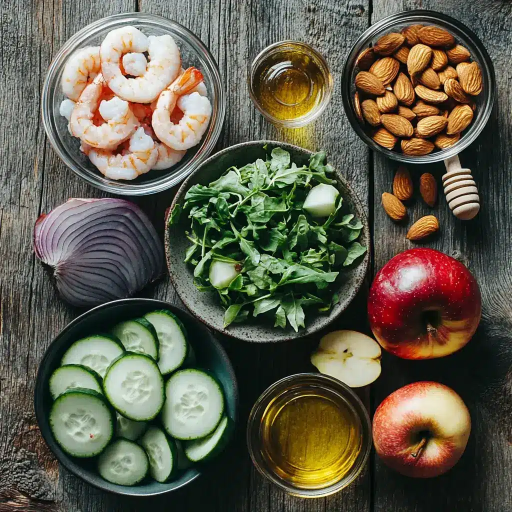 Ingredients for apple almond shrimp salad laid out on a table