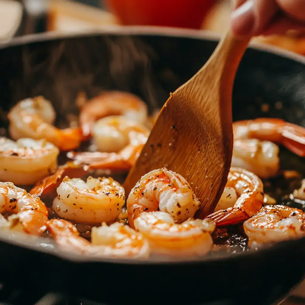 Shrimp cooking in a skillet for apple almond shrimp salad
