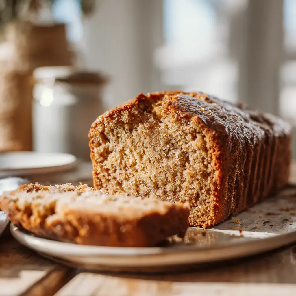 Close-up of sliced applesauce bread showing moist texture