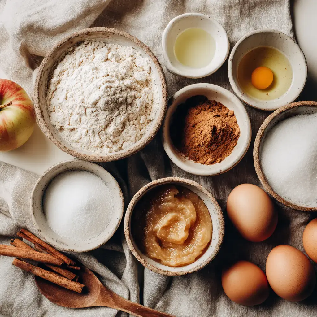 Applesauce bread ingredients in ceramic bowls on linen