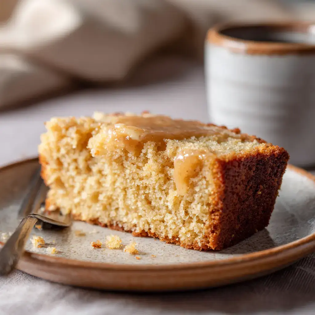 Slice of applesauce bread on a plate with melted butter