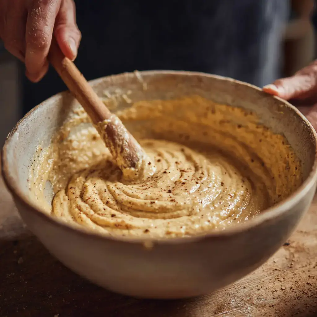 Mixing applesauce bread batter in a ceramic bowl