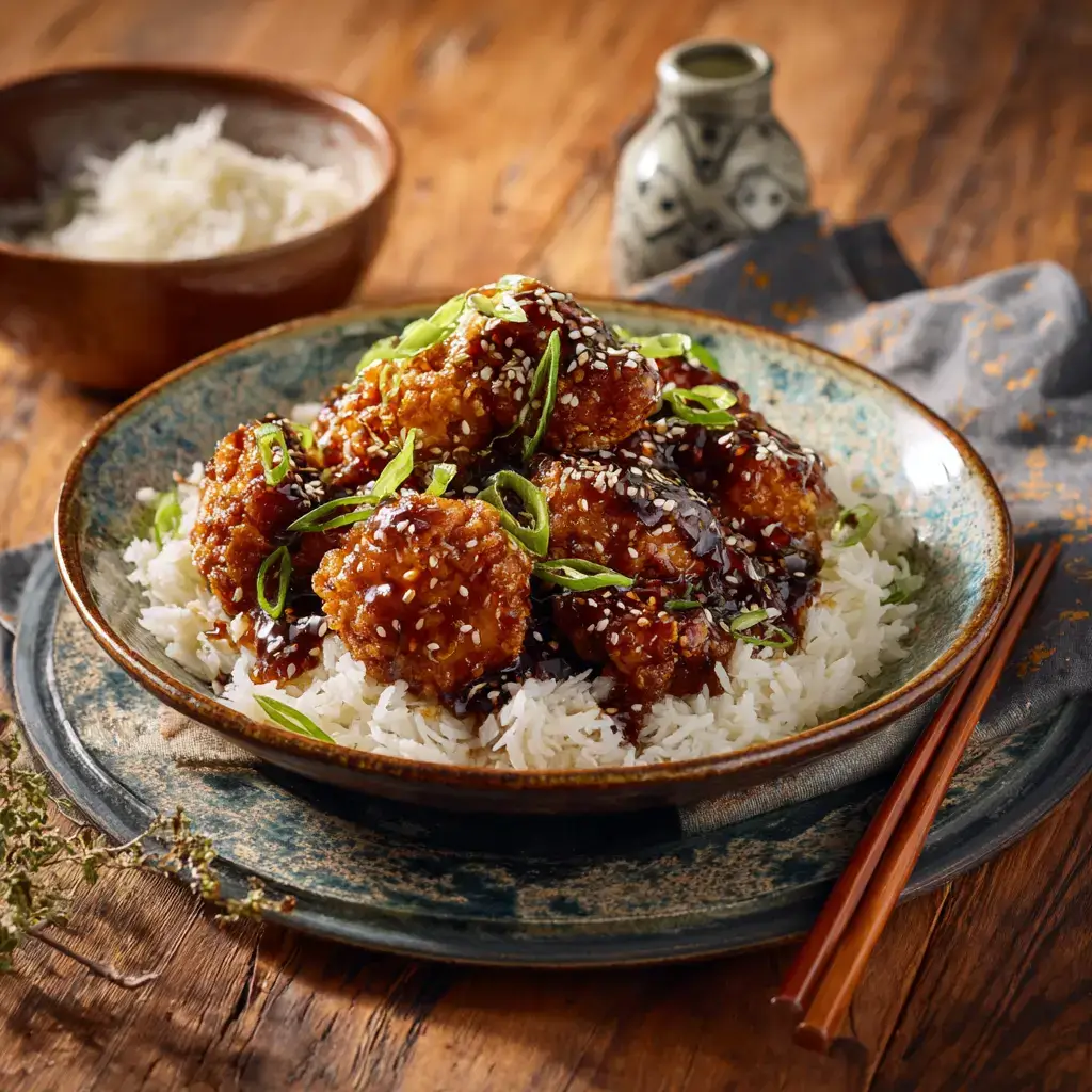 Served crispy Asian garlic chicken with rice