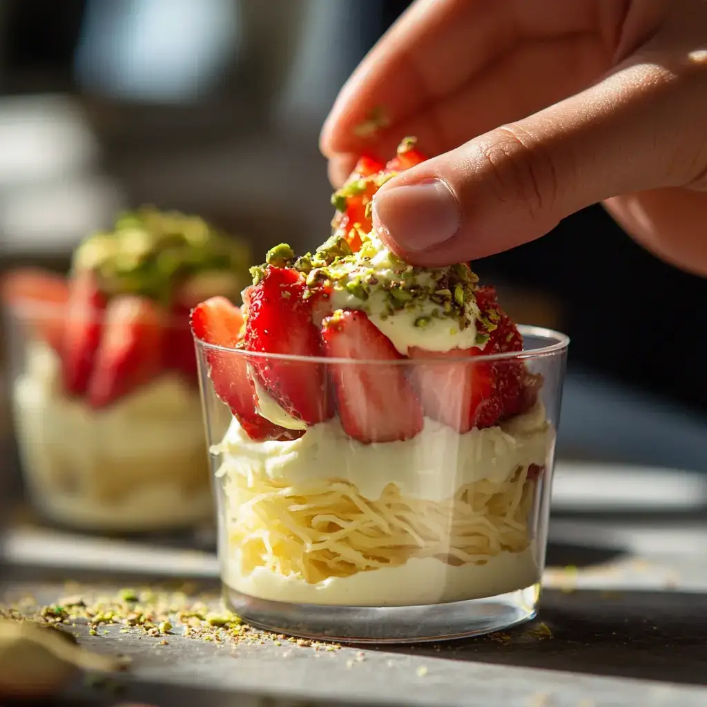 Layering strawberries and pistachio filling in a dessert cup