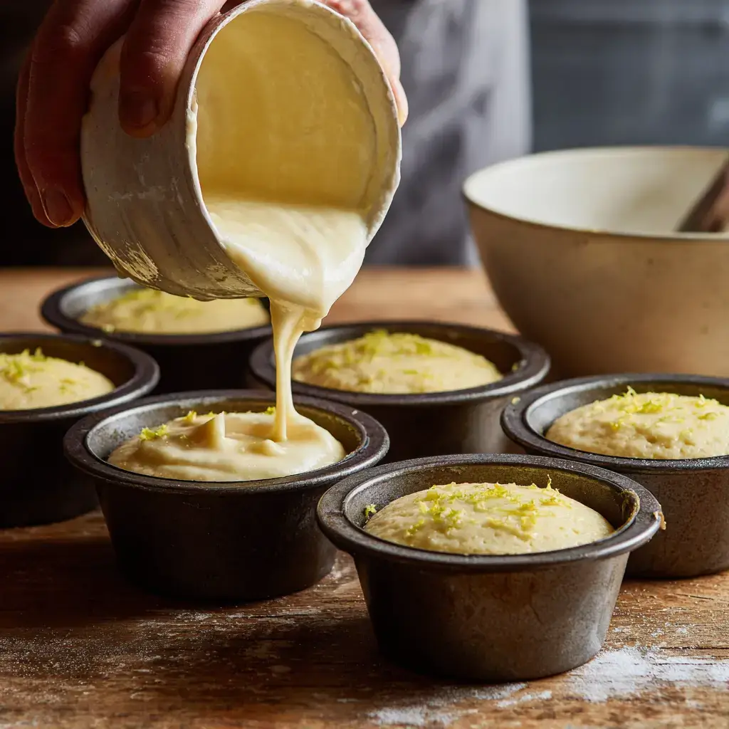 Pouring lemon custard batter into muffin tin for baby lemon impossible pies