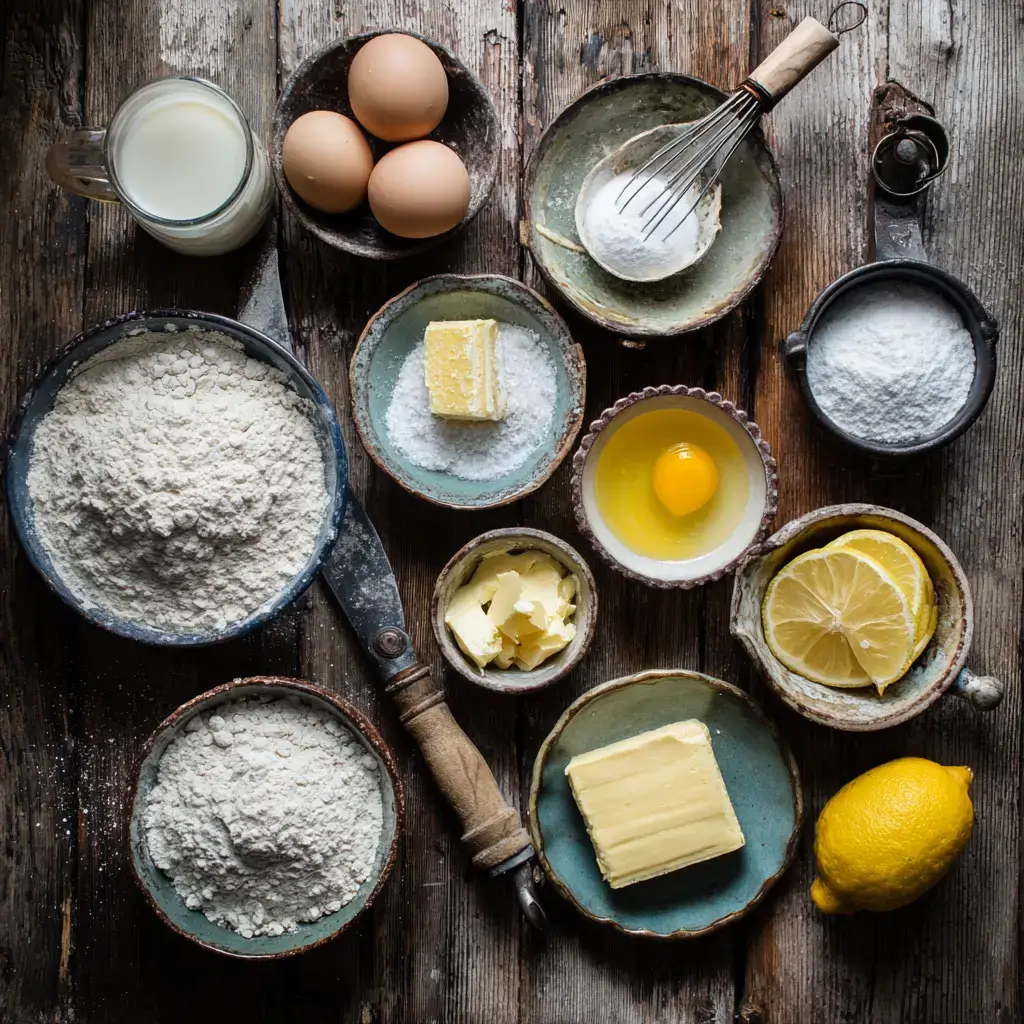 Ingredients for baby lemon impossible pies arranged in rustic bowls