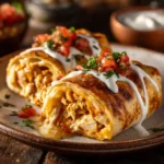 Baked chicken chimichangas sliced open with toppings