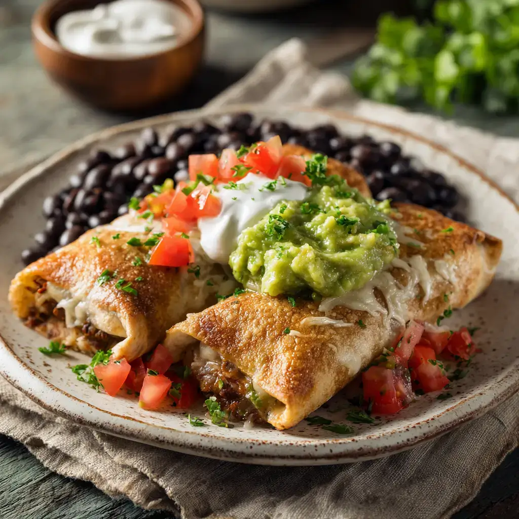 Plated crispy baked chicken chimichangas with toppings