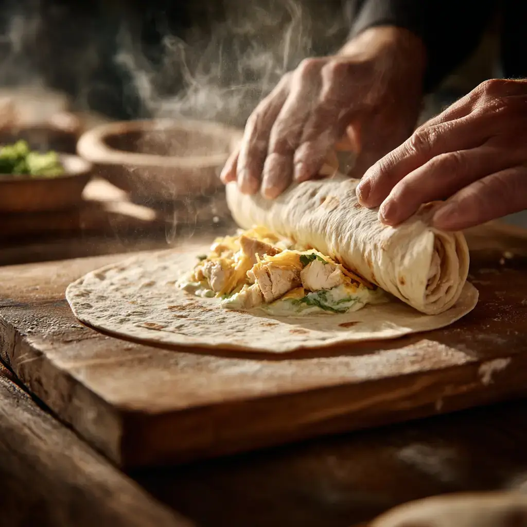 Rolling chicken chimichangas before baking