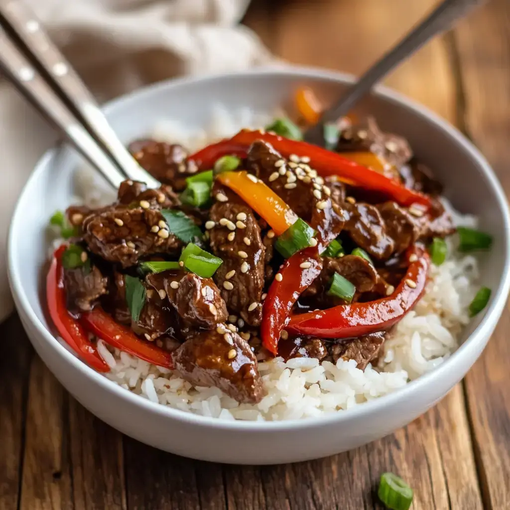 Beef and pepper rice bowl garnished and ready to eat