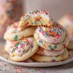 Close-up of iced birthday cake cookies with pink frosting and sprinkles