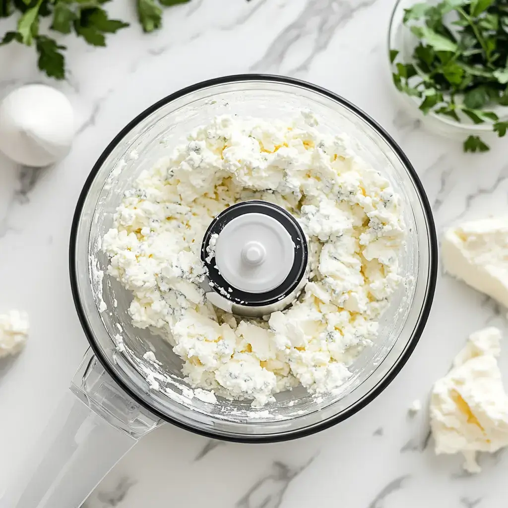Cottage cheese being blended in a food processor to make high protein cheesecake filling