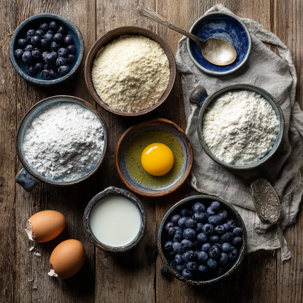 Flat lay of ingredients for cheap home made blueberry muffins