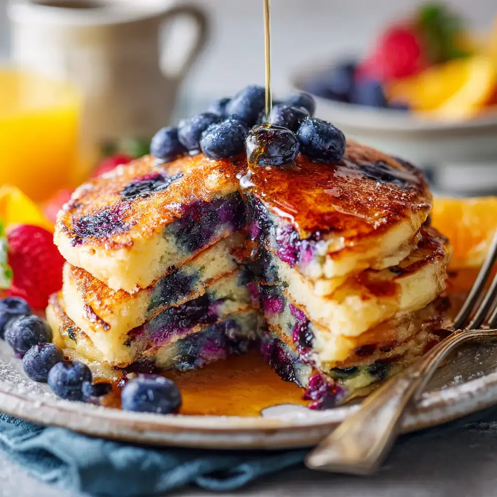 Buttermilk Blueberry Pancakes stacked with fresh blueberries