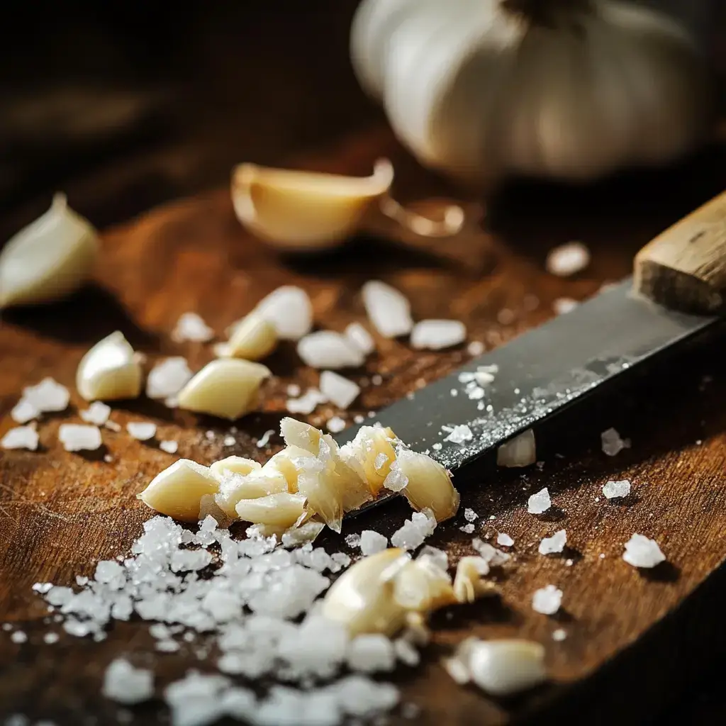 Garlic being mashed for caesar salad dressing low calorie