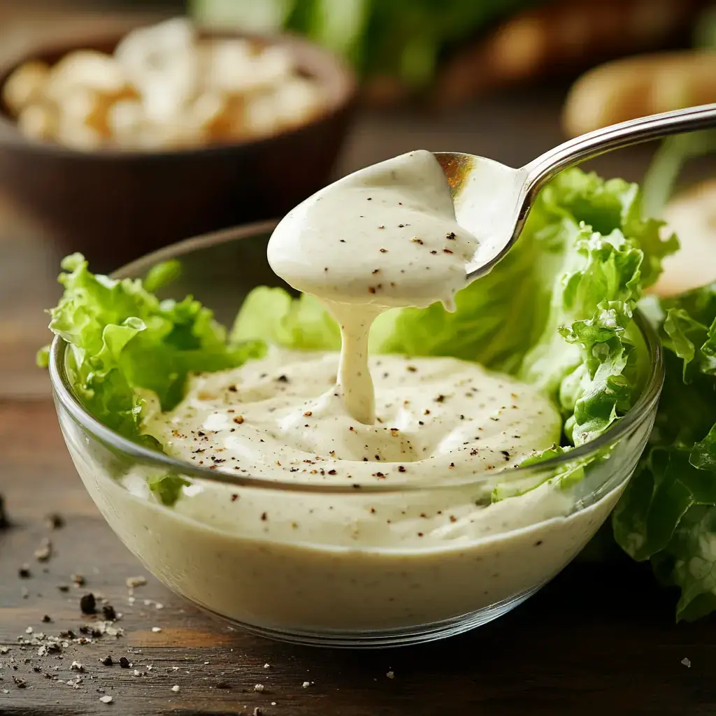 Caesar salad dressing low calorie in bowl with spoon pouring over greens