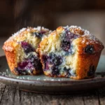 Extreme close-up of sliced cheap home made blueberry muffin