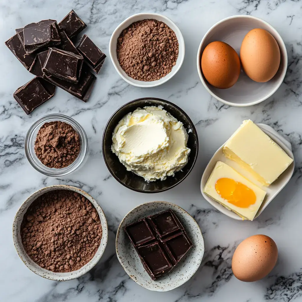 Cheesecake and brownie cake ingredients flat lay