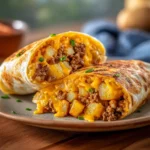Cheesy Potato Burritos with Beef sliced open on plate