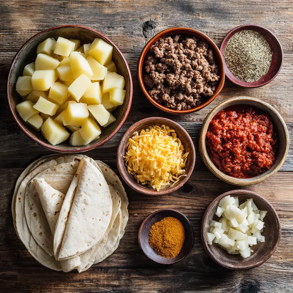 Ingredients for Cheesy Potato Burritos with Beef on table