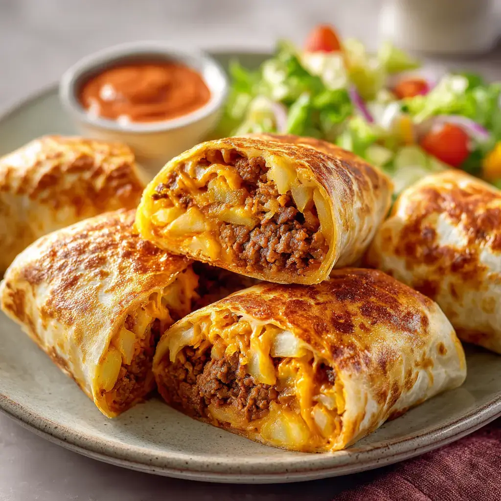 Cheesy Potato Burritos with Beef plated and sliced
