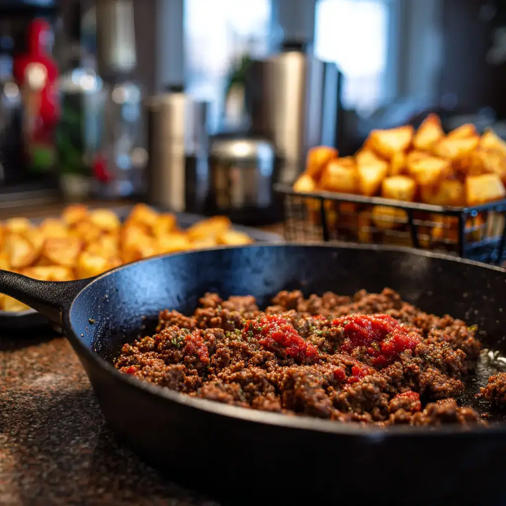 Cooking beef and potatoes for Cheesy Potato Burritos with Beef