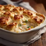 Chicken cobbler in ceramic dish with golden biscuit topping
