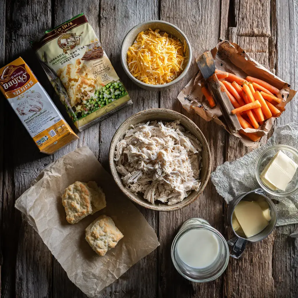 Ingredients for chicken cobbler arranged on wooden surface
