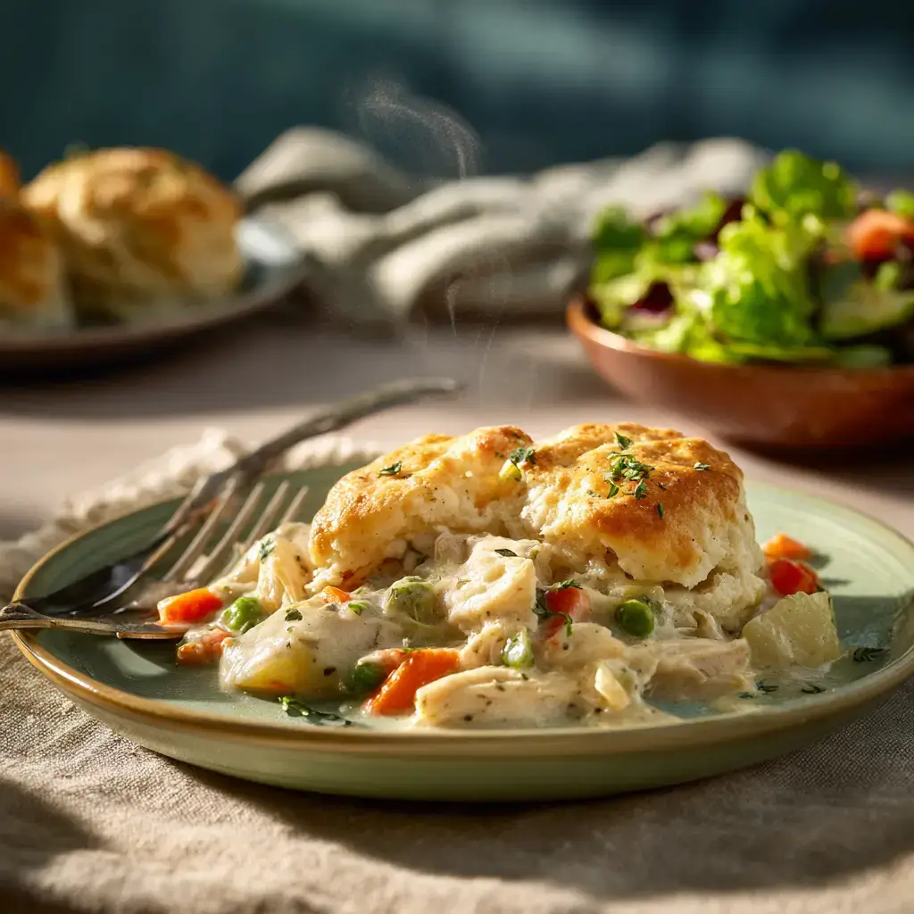 Plated chicken cobbler with golden crust and creamy filling