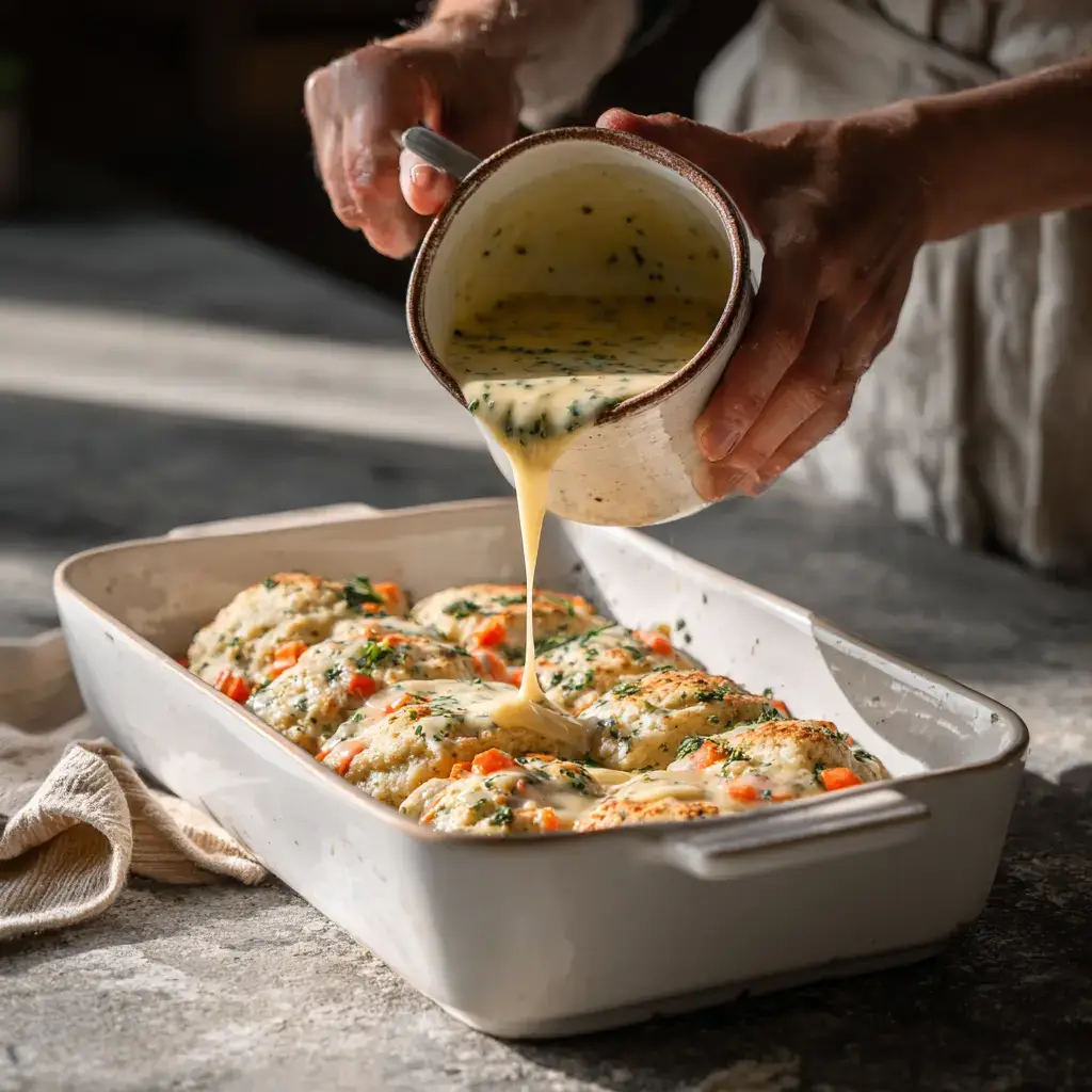 Pouring biscuit batter over layered chicken and veggies
