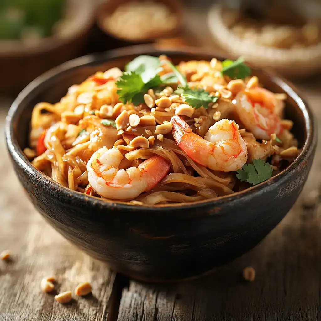 Chicken and shrimp pad thai with noodles and peanuts