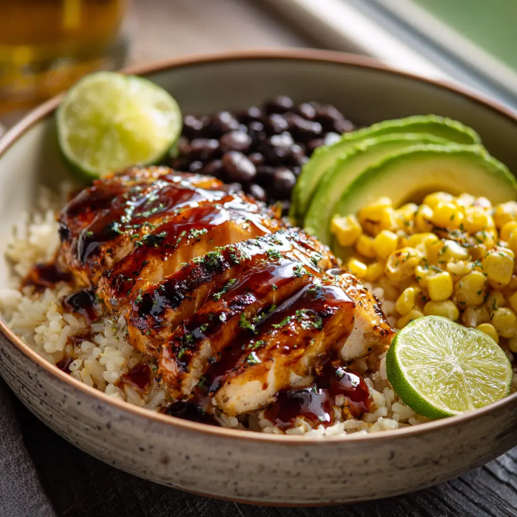 Chipotle Honey Chicken Bowl with rice and avocado