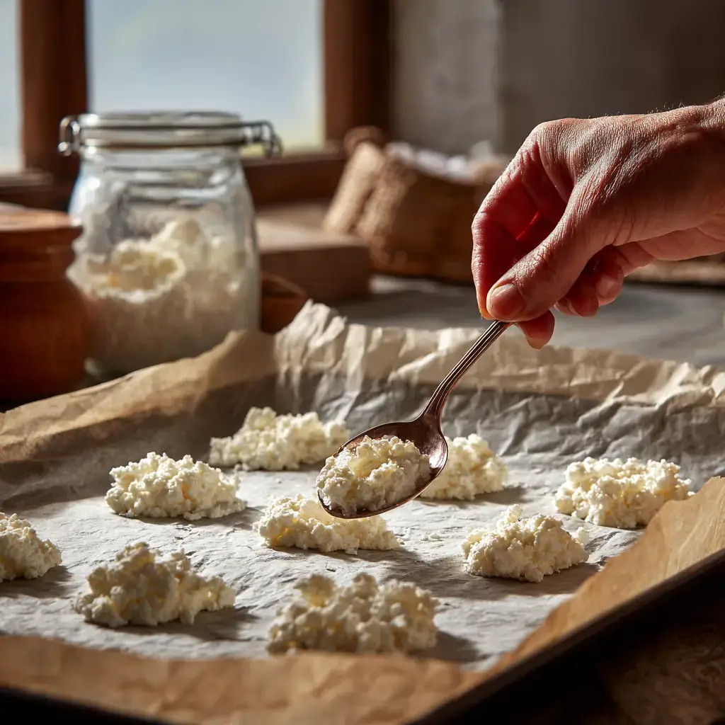 making cottage cheese chips on baking tray