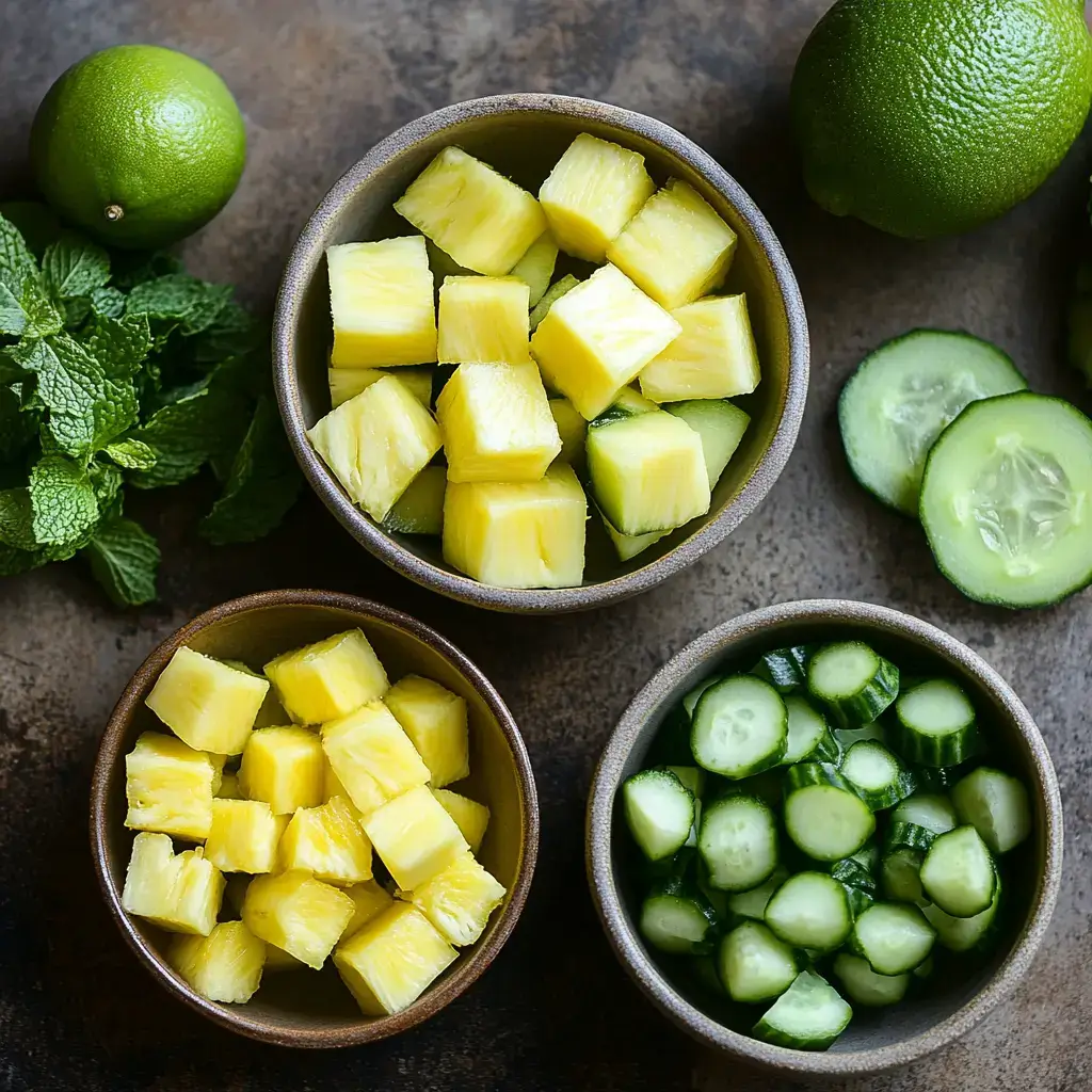 flat-lay of pineapple, cucumber, mint, and lime