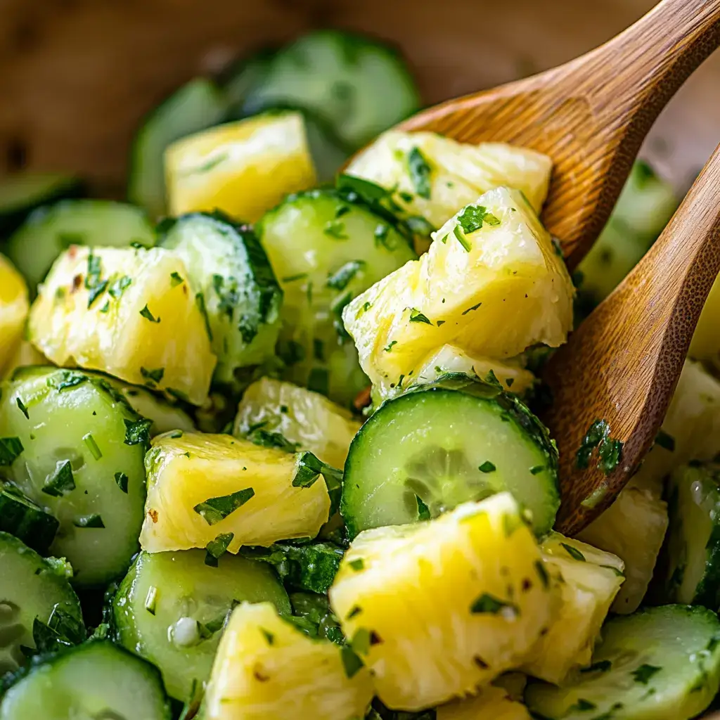 mixing cucumber and pineapple salad in bowl