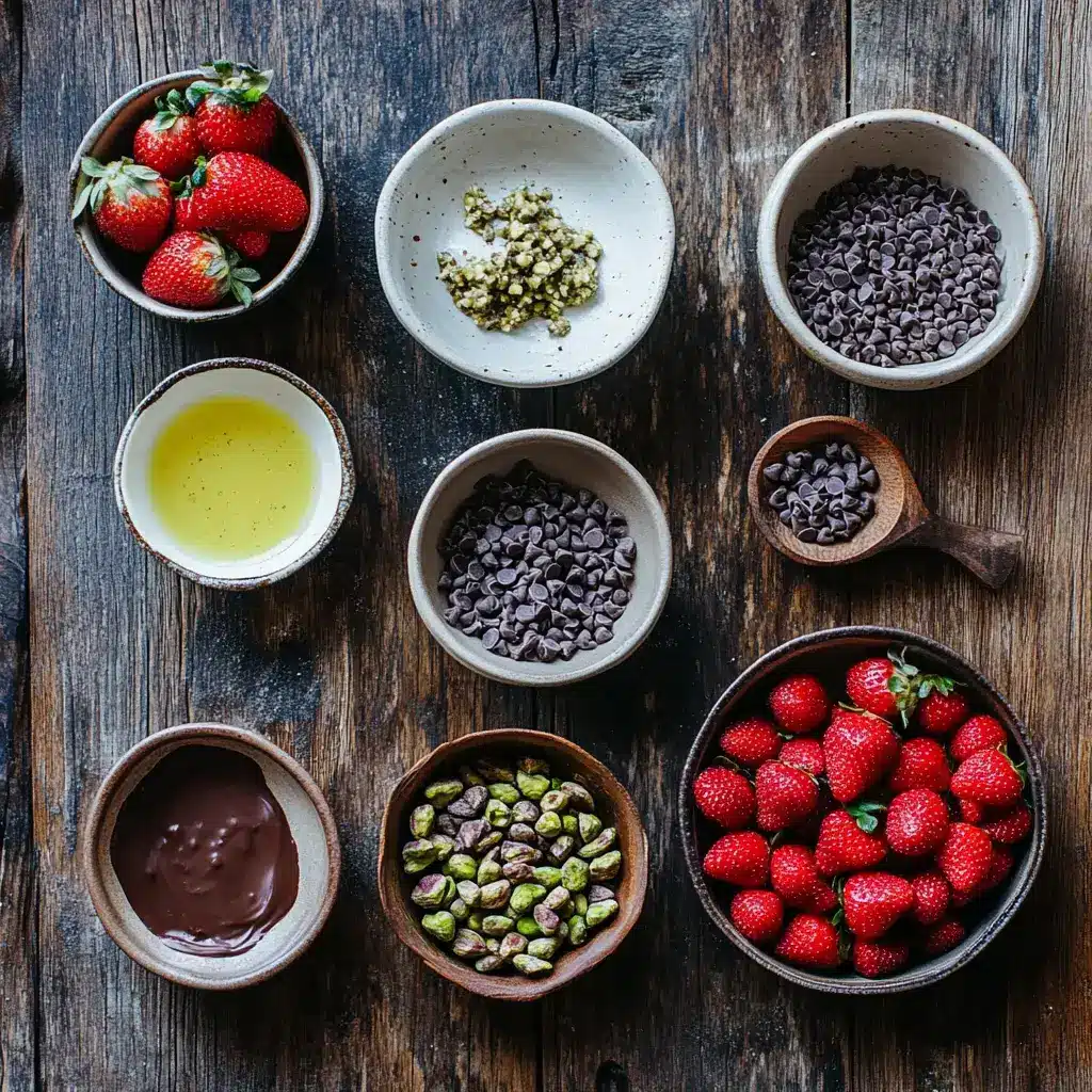 Ingredients for Dubai chocolate strawberries in ceramic bowls