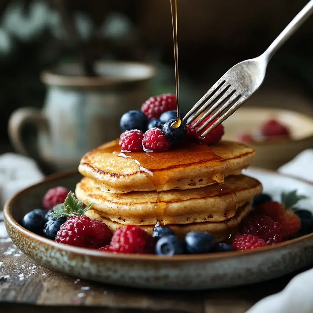Sliced einkorn pancakes with maple syrup and berries