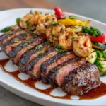 firecracker steak and shrimp grilled and served on a plate