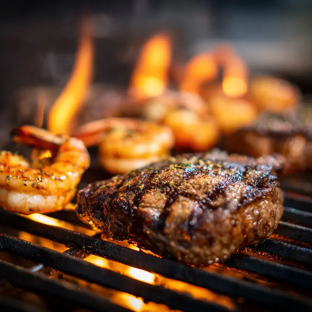 steak and shrimp being grilled for firecracker recipe