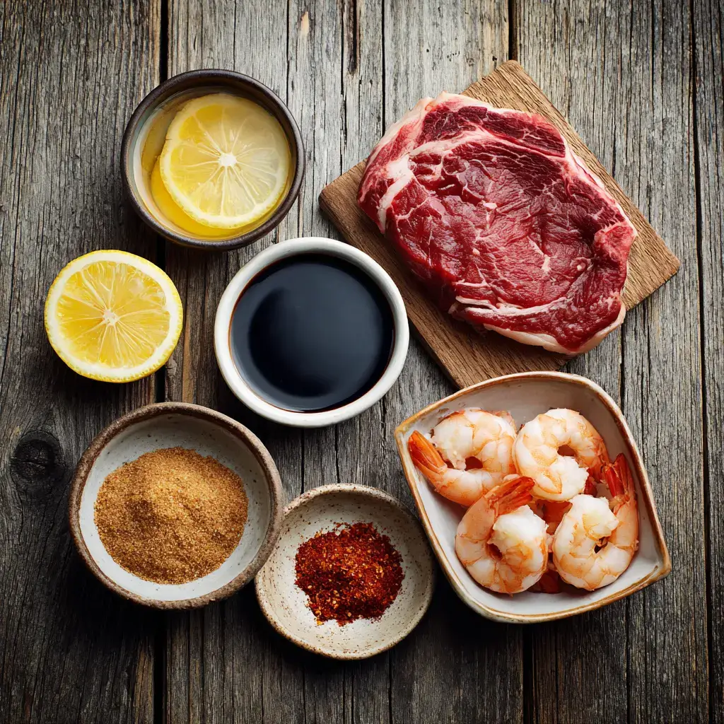ingredients for firecracker steak and shrimp laid out on table