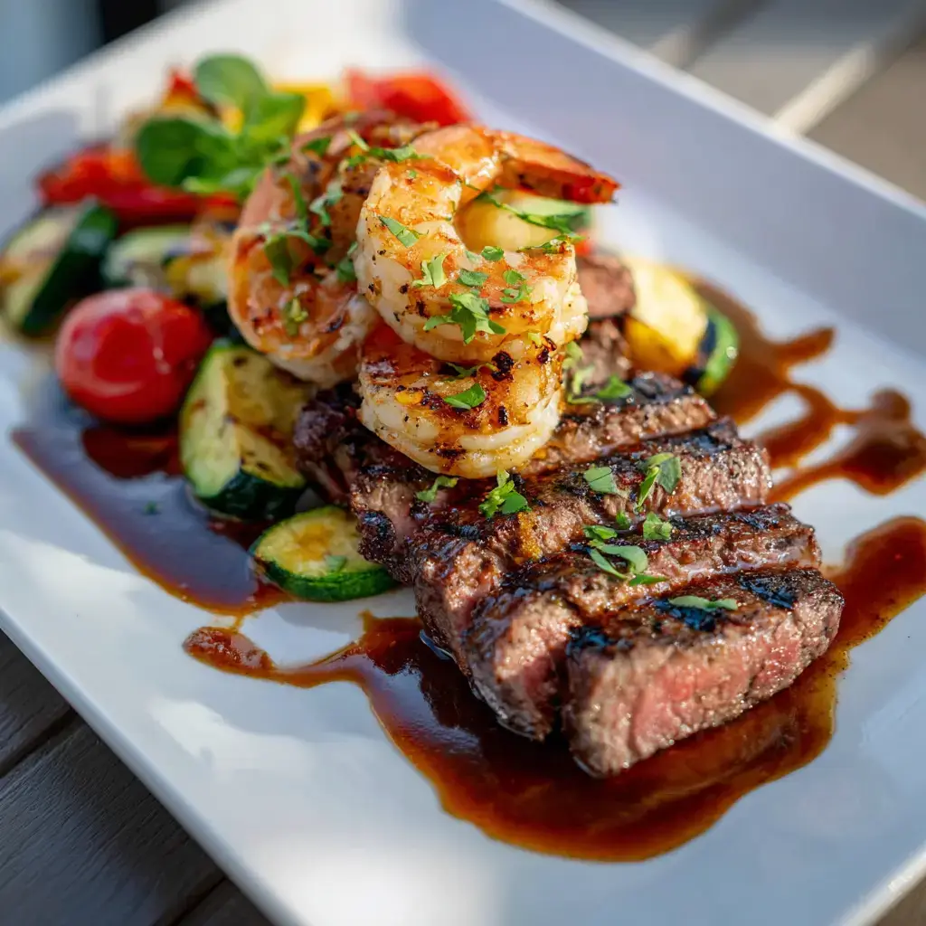 plated firecracker steak and shrimp ready to eat