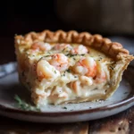 Close-up of Florida shrimp pie slice with creamy shrimp filling