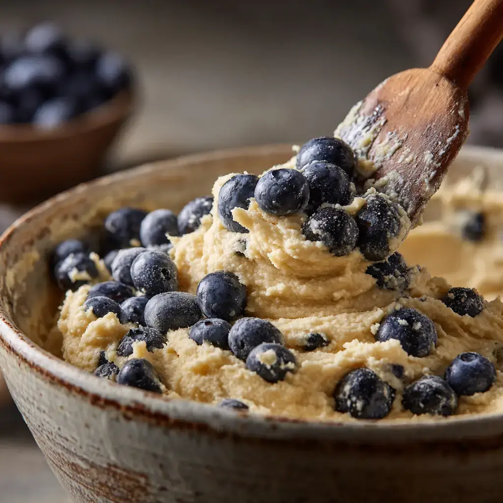 Folding blueberries into muffin batter close-up