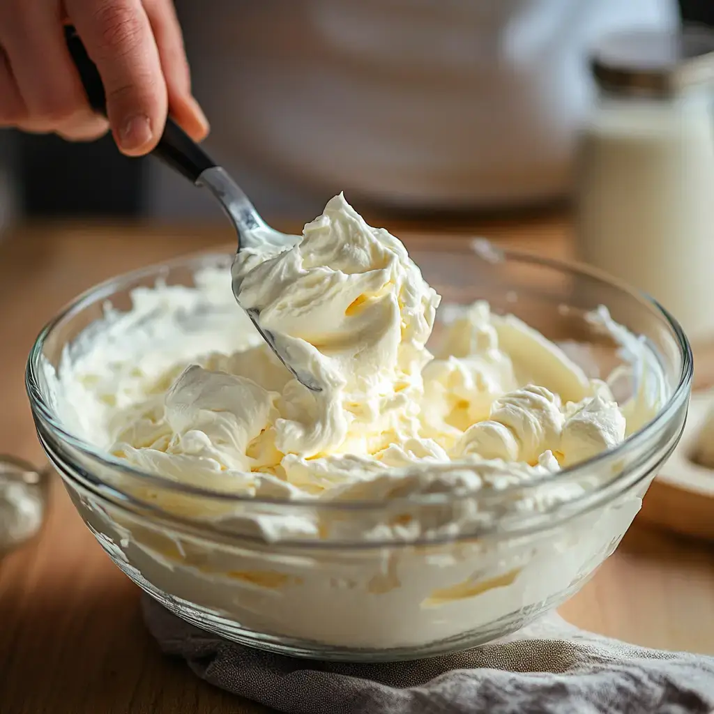 Folding whipped topping into cream cheese