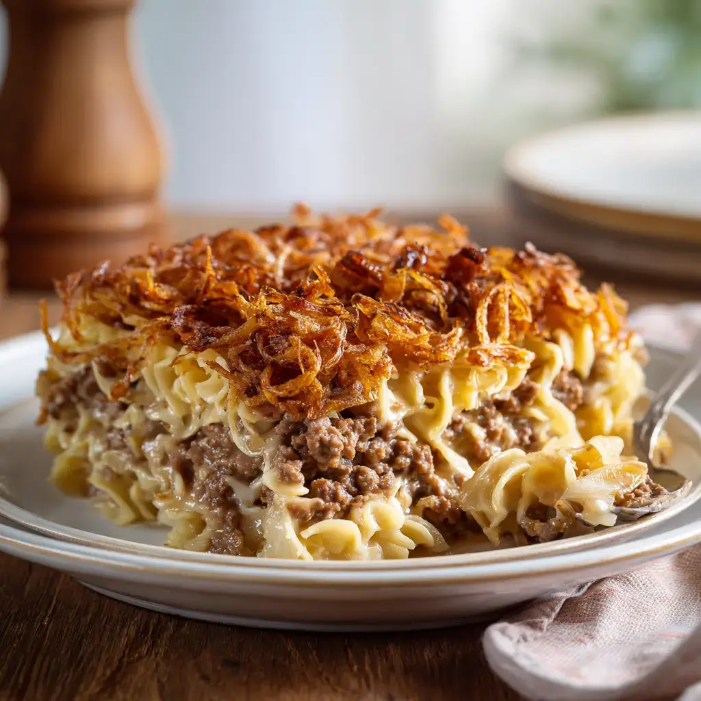 French Onion Beef Casserole with creamy layers and crispy onions