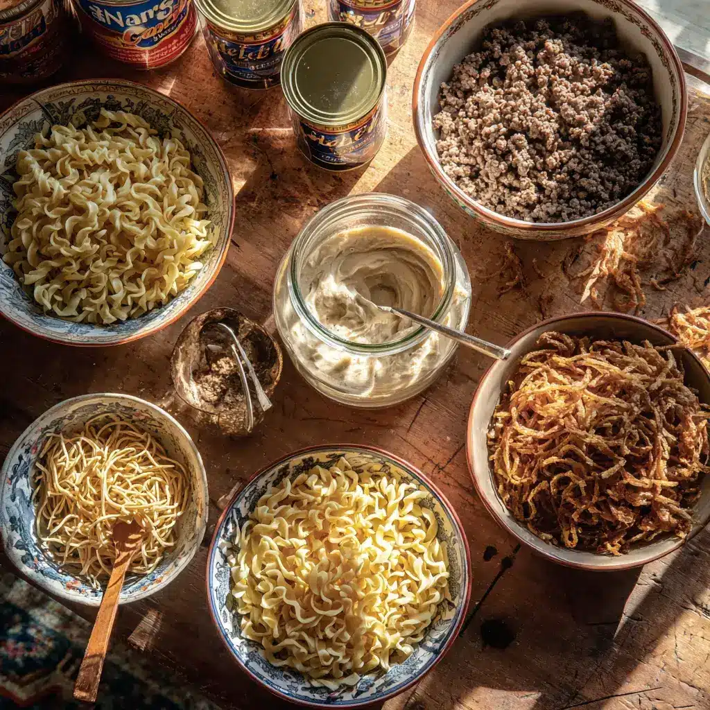 Ingredients for French Onion Beef Casserole laid out on rustic table
