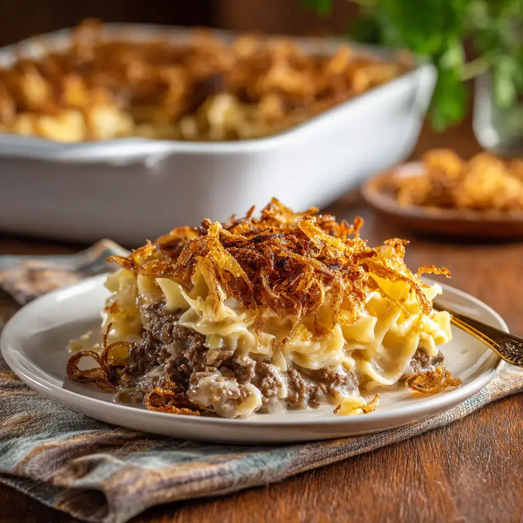 French Onion Beef Casserole plated with creamy noodles and fried onions